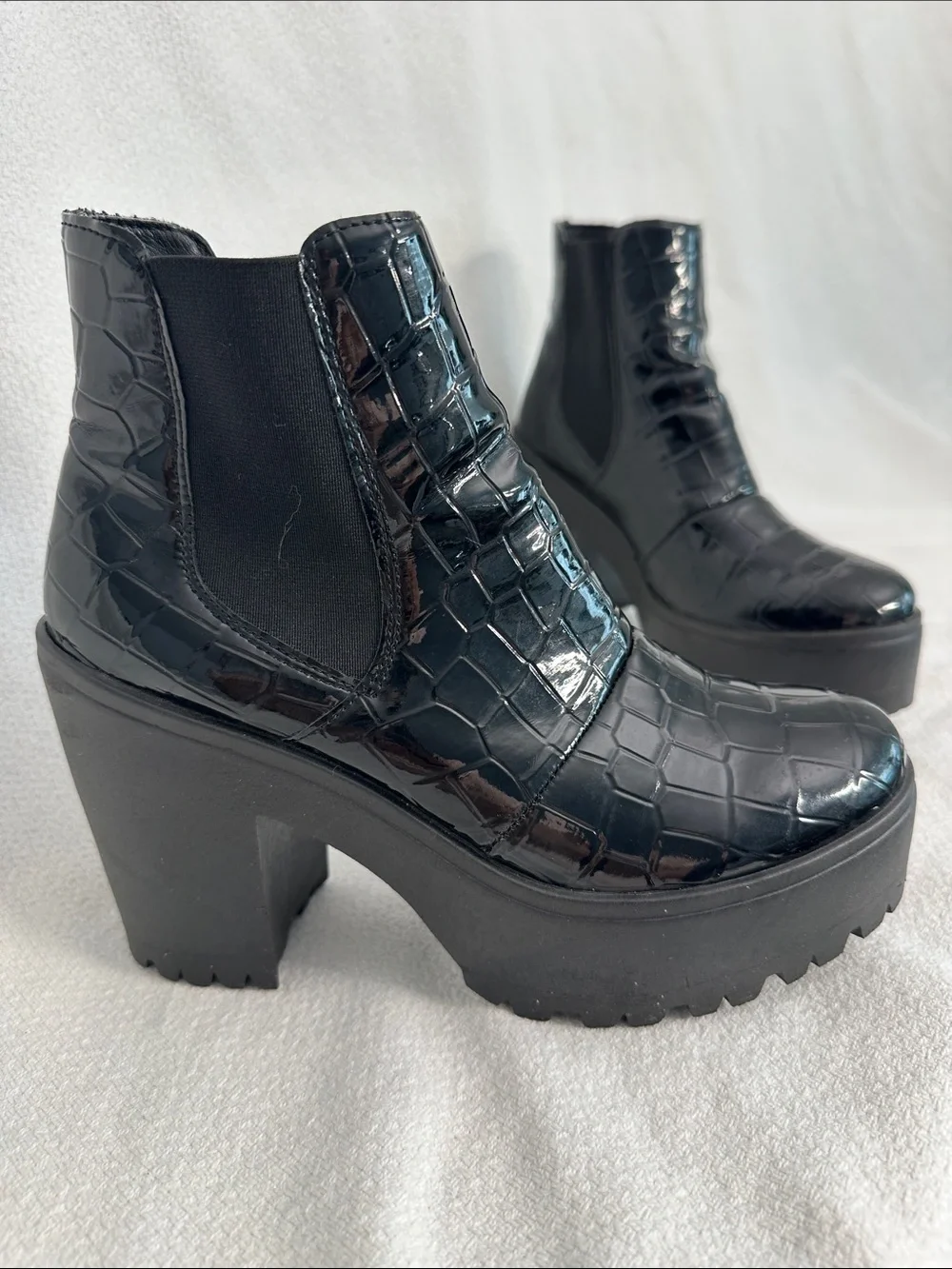 Topshop Black Croc-Embossed Platform Ankle Boots